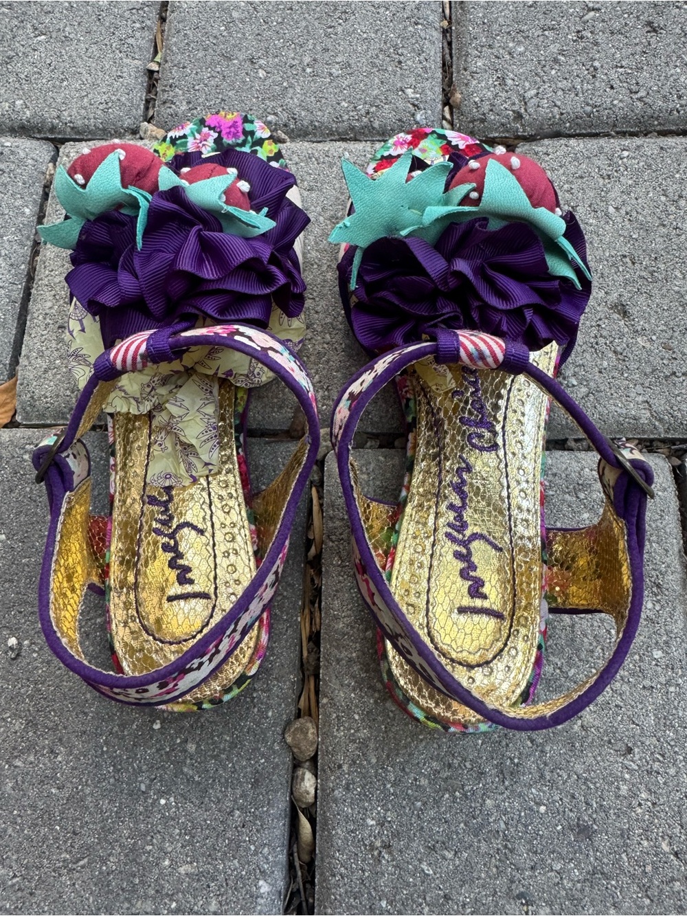IRREGULAR CHOICE Purple Strawberry Pom Sandals Size 6.5 - Picture 2 of 8